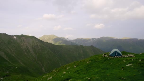 Rest One Person Nature Mountains Tent Mountain Hills Tourist His — Stockvideo