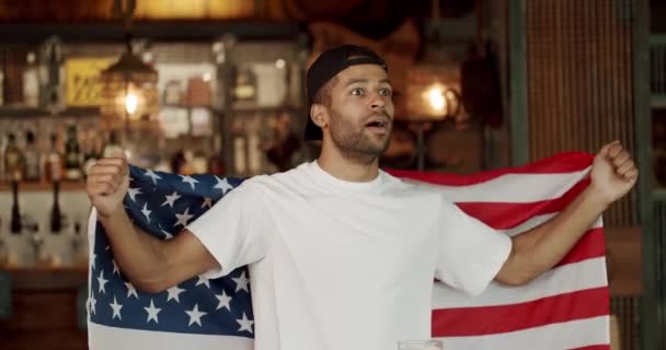 Happy Mixed Race Supporter Cheering Exulting Winning Man Flag National — Vídeos de Stock