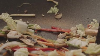 Organic food styling and ripe food. Cooking natural vegetables and mix in the pan. Variety of vegetables with red and green pepper, salat, cucumber, onion, mushroom, leaf. food preparation