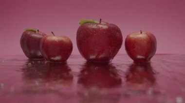 Red sweet apples jump, Natural fruits isolated on red pink background, Malus domestica, Sweet Fruits on Pink Red Background , Red Natural juicy apples and raw food filmed in studio.
