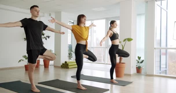 Group Young People Morning Exercises Home Studio Classroom Enjoying Meditation — Videoclip de stoc