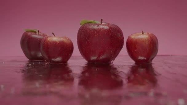 Red Sweet Apples Jump Natural Fruits Isolated Red Pink Background — Stockvideo