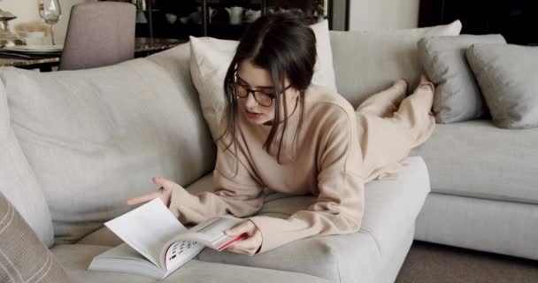 Mulher Millennial Pacífica Relaxante Sentado Confortável Leitura Acolhedora Livro Interessante — Vídeo de Stock