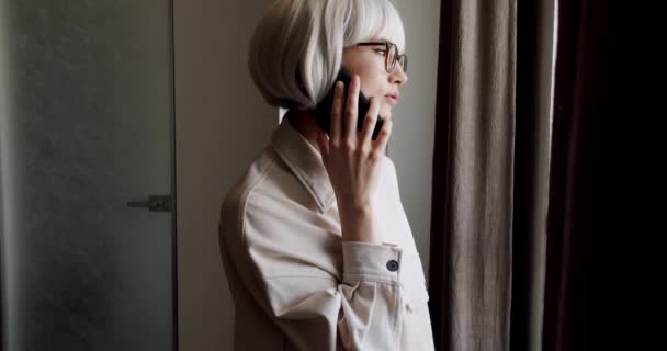 Sonriente Joven Mujer Negocios Profesional Hablando Por Teléfono Sentarse Casa — Vídeos de Stock