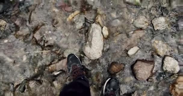 Homme Marchant Dans Eau Avec Des Chaussures Randonnée Imperméables Des — Video