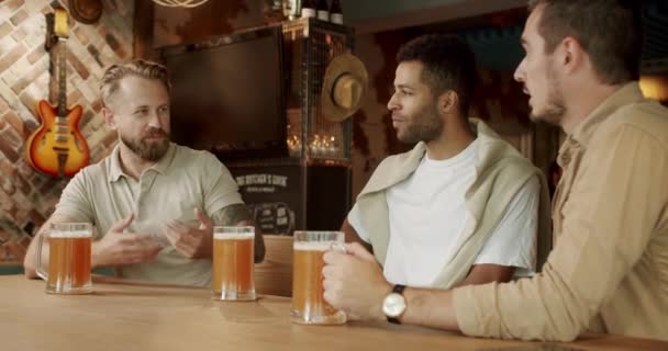 Bir Grup Arkadaş Bira Içiyor Sohbet Ediyor Barda Iyi Vakit — Stok video