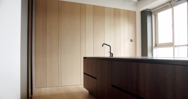 Lichte Houten Muur Vloeren Huiselijke Keuken Met Moderne Wastafel Stijlvol — Stockvideo