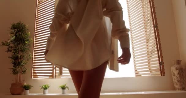 란제리를 아름다운 아가씨 허리에 관능적 란제리입은 육감적 여자가 란제리를 카메라맨을 — 비디오