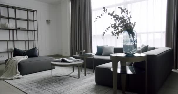 Moderne Eigentijdse Minimalistische Woonkamer Met Grijs Meubilair Luxe Modern Huis — Stockvideo