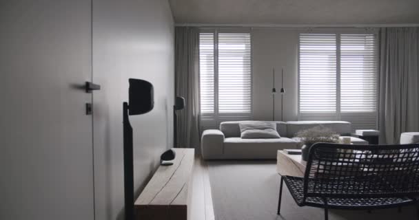 Modern Nappali Luxus Minimalista Design Valódi Apartman Fehér Szürke Tónusokkal — Stock videók