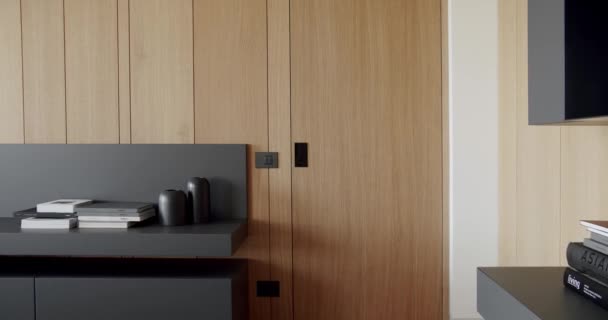 Modern Eigentijds Met Houten Muur Grijs Meubilair Luxe Modern Huis — Stockvideo