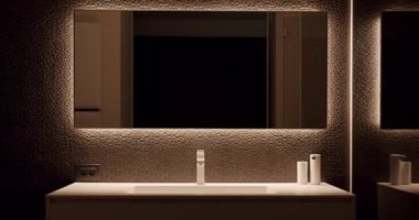 Luxury Bathroom Interior, minimalist interior in brown colors with bathroom accessories , mirror and shower head, round mirror in modern interior, bathtub modern design. Luxury cozy white Apartment.