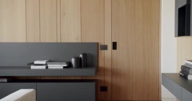 Ahşap duvarlı ve gri mobilyalı modern Minimalist oturma odası. Gri kitaplıklı lüks Modern Ev İçi. Moda mobilyalar. Ahşap modern kapısı olan lüks şık bir oda..