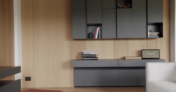 Minimalistisches Wohnzimmer Mit Holzwand Und Grauen Möbeln Luxus Haus Interieur — Stockvideo