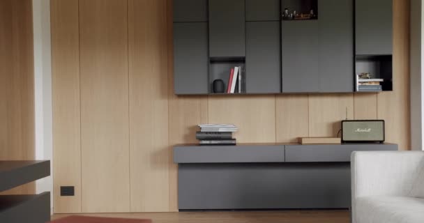 Sala Estar Minimalista Com Parede Madeira Móveis Cinza Interior Casa — Vídeo de Stock