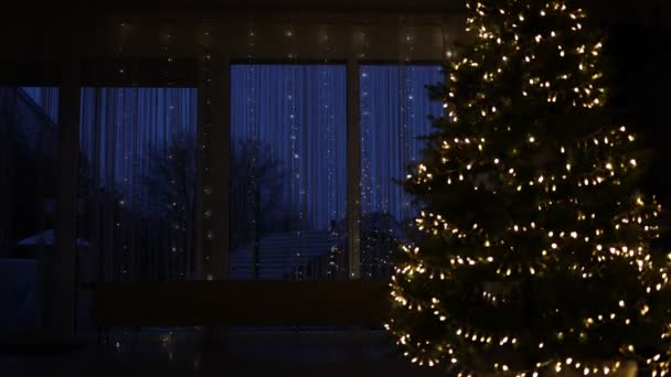 Iluminação de Ano Novo em janelas e árvore de Natal — Vídeo de Stock