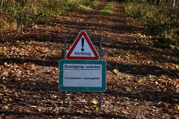 Δάσος. Κείμενο στα γερμανικά: Καταγραφή. Η πρόσβαση απορρίπτεται. Δασικές εργασίες - Κίνδυνος για τη ζωή. — Φωτογραφία Αρχείου