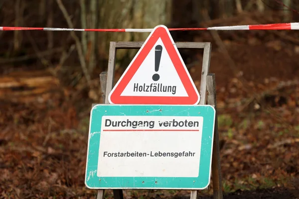 Δάσος. Κείμενο στα γερμανικά: Καταγραφή. Η πρόσβαση απορρίπτεται. Δασικές εργασίες - Κίνδυνος για τη ζωή. — Φωτογραφία Αρχείου