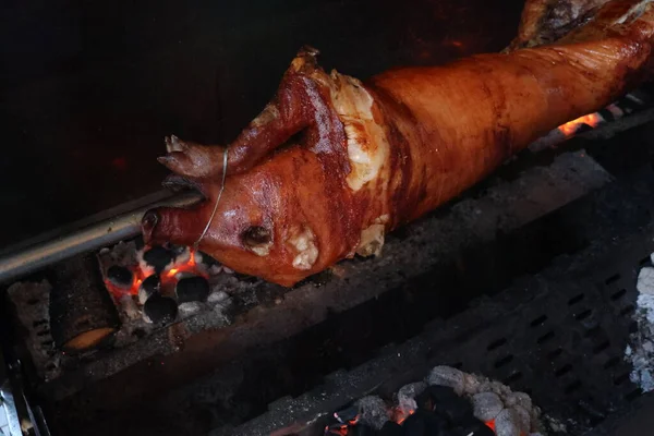 El cerdo se está asando lentamente a la parrilla en la saliva de manera tradicional —  Fotos de Stock