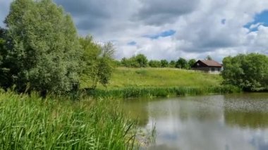 Yaz manzarası. Yeşil kıyıları olan küçük göl.