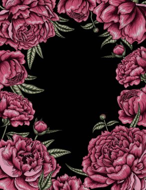  Çiçeklerden ve pembe şakayık yapraklarından yapılmış bir çerçevenin vektör çizimi