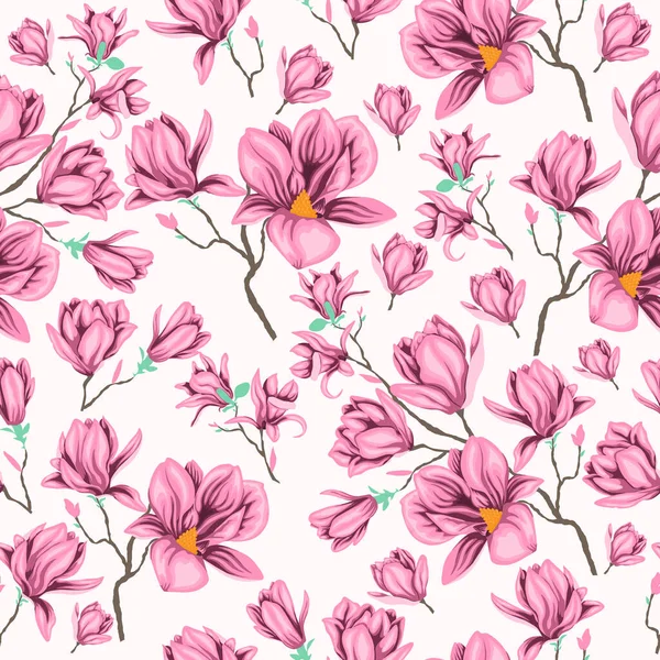 白い背景にピンクの花やモクレンの小枝のシームレスベクトルパターン — ストックベクタ