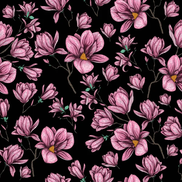 暗い背景にモクレンの枝や花のシームレスベクトルパターン — ストックベクタ