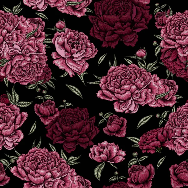 ピンクやバーガンディの牡丹の花 葉や芽を暗い背景にシームレスベクトルパターンイラスト — ストックベクタ