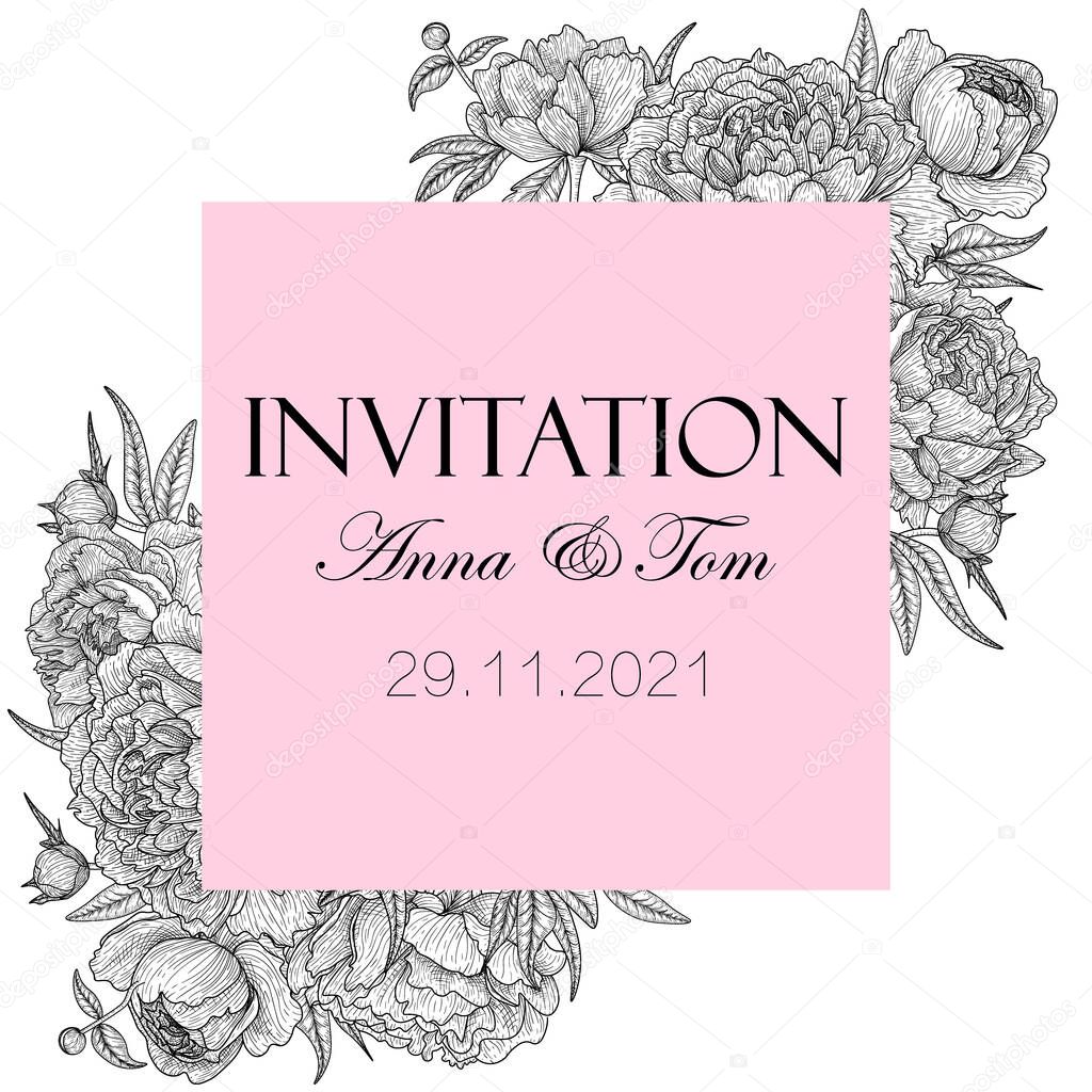 Vector illustration of a wedding invitation card template with graphic linear peonies flowers