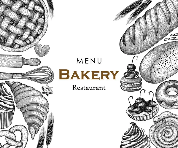 Шаблон Векторного Баннера Пекарни Графической Линейной Выпечкой Хлеб Десерты Булочка — стоковый вектор