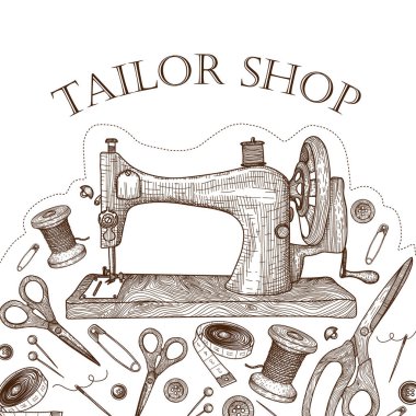  Terzi dükkanı için bir afiş şablonunun vektör çizimi. Grafiksel doğrusal dikiş makinesi, iğne, iğne, makas, makara, düğmeler, saç tokası, mezura.