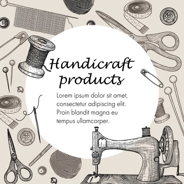 Vector Illustration Banner Template Handicrafts Hobbies Sewing Machine Needle Thread — Stock vektor