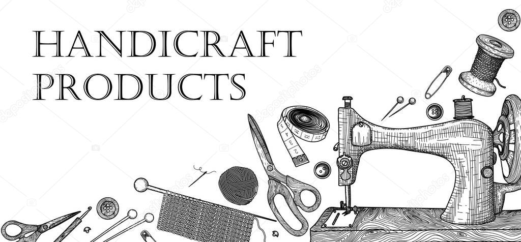  Vector graphic linear elements for needlework. Horizontal banner template. Thread on a spool and a ball, sewing machine, needle, pin, hairpin, buttons, knitting hook and knitting needles, scissors
