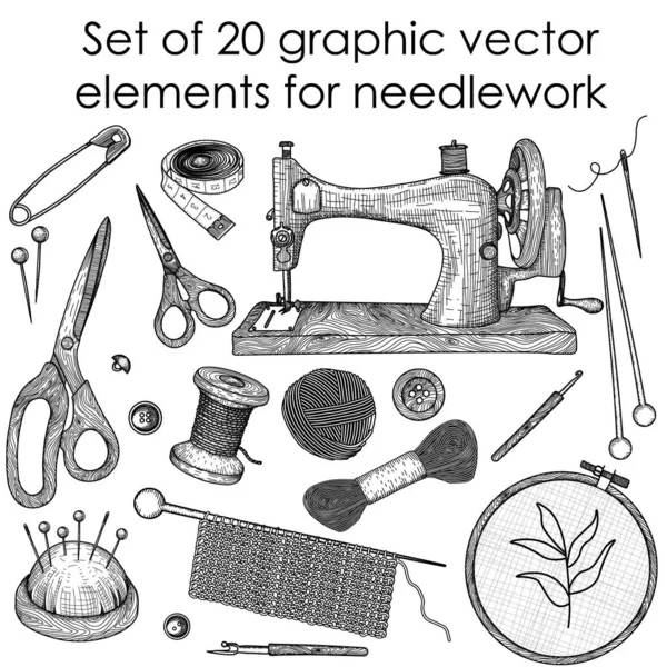 Set Graphic Vector Elements Needlework Sewing Machine Knitting Needles Knitting — Stock vektor