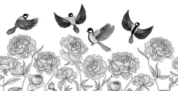 ベクトルイラストグラフィック線形の花と牡丹の葉と飛行中の4鳥 — ストックベクタ