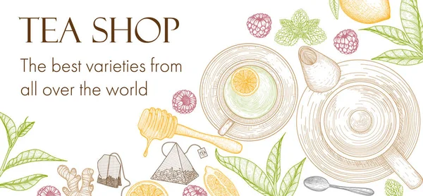  Vector banner template for a tea shop. Graphic linear colored teapot and cup of tea, spoon, tea leaves, honey, ginger, raspberry, mint, lemon, tea bags
