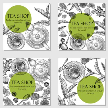  Four vector banners for the tea room. Graphic linear teapot, tea cup, spoon, tea bags, lemon, honey, mint, tea leaves, ginger, raspberry