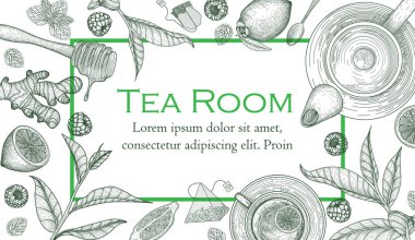  Vector illustration of a horizontal banner template for a teahouse. Graphic linear green tea cup, teapot, spoon, honey, lemon, mint, ginger, tea bags, mint, raspberry, tea leaves