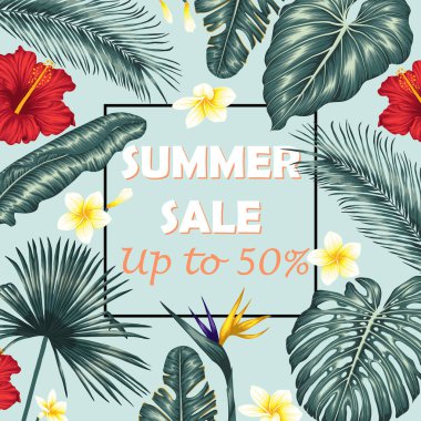  Satış için bir afiş şablonunun vektör çizimi. Egzotik tropik yapraklar. Palmiye yaprakları, amber, canavar, tesisat, muz yaprakları, strelitzia, aralia, fil kulak yaprakları.