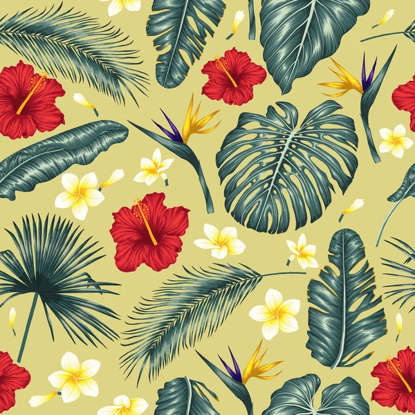 Nahtloses Vektormuster Exotischer Tropischer Blätter Auf Gelbem Hintergrund Palmblätter Hibiskus — Stockvektor