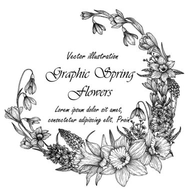  Vector illustration of a banner template with flowers. The frame is a wreath of spring graphic linear primroses. Snowdrops, muscari, daffodils, crocuses, hyacinths, brunner clipart