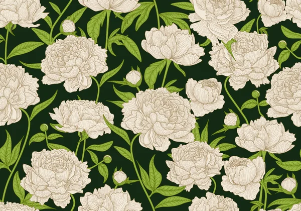 Modello Vettoriale Senza Soluzione Continuità Grafica Lineare Colorato Peonie Bianche — Vettoriale Stock