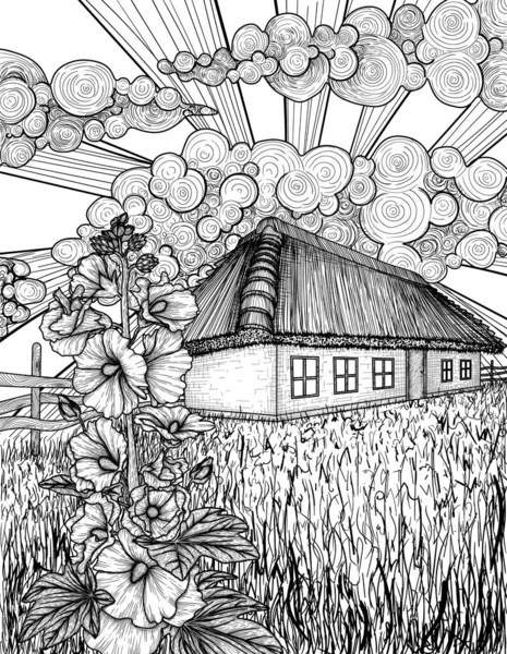 Vector Illustration Ukrainian Rural Landscape Style Engraving Graphic Linear Straw — Stock Vector