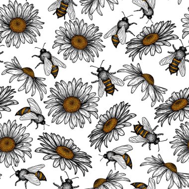  Grafik doğrusal arılar ve oyma tarzında papatya çiçekleri ile kusursuz vektör deseni