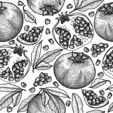  İşleme tarzında kusursuz vektör deseni. Grafik doğrusal meyveler ve nar yaprakları
