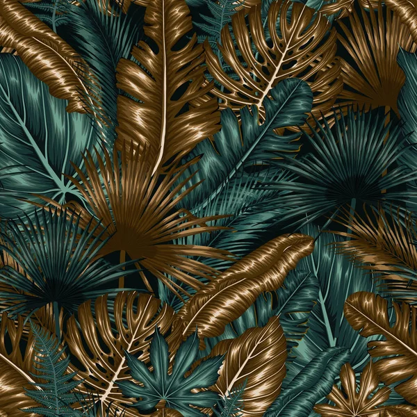 Бесшовный Векторный Рисунок Золотыми Изумрудными Тропическими Растениями Экзотические Пальмовые Банановые — стоковый вектор