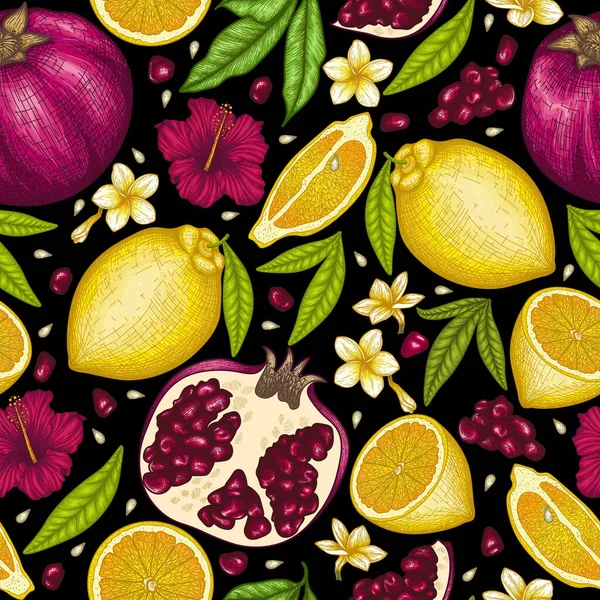  Kusursuz vektör desenli doğrusal meyveler ve limon ve nar yaprakları kabartma tarzında tesisat ve amber çiçekleri