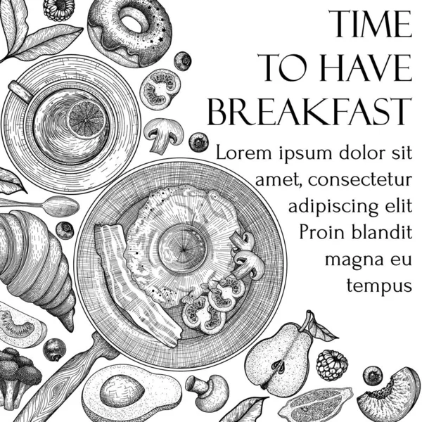 Векторні Ілюстрації Сніданку Стилі Гравюри Графічна Лінійна Сковорода Смаженими Яйцями — стоковий вектор