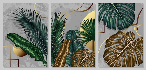 Conjunto Carteles Vectoriales Hojas Gráficas Tropicales Con Formas Geométricas Doradas — Vector de stock