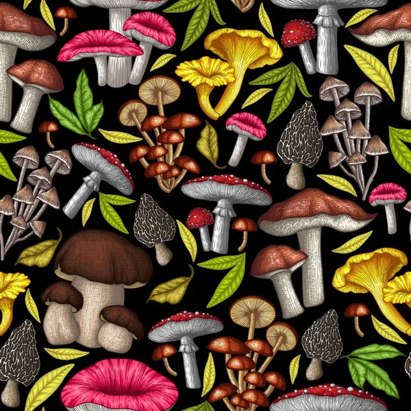  Mantarların kusursuz vektör deseni ve oyma tarzında yapraklar. Grafik doğrusal sinek agariği, chanterelles, porcini mantarları, bal agarics, morels, mycena, russula, boletus